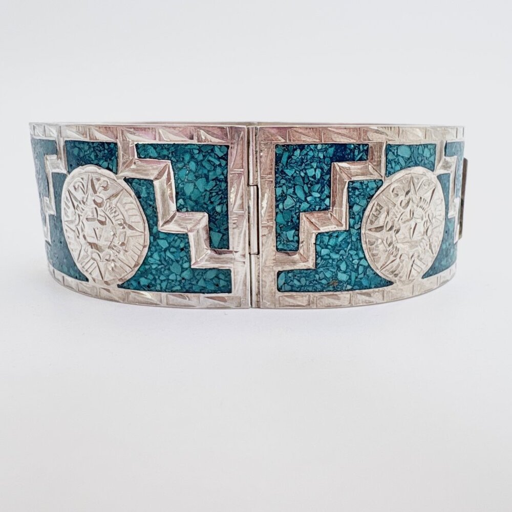Turquoise Inlay Aztec Calendar Motifs Hinged Cuff Bracelet Sterling Silver 6.75"